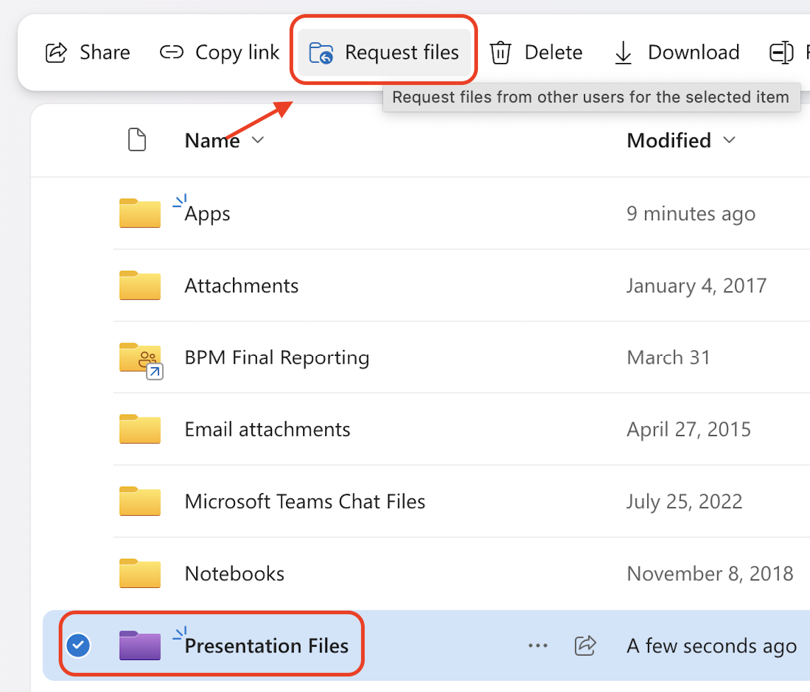 The Request Files option appears in the menu once a folder is selected